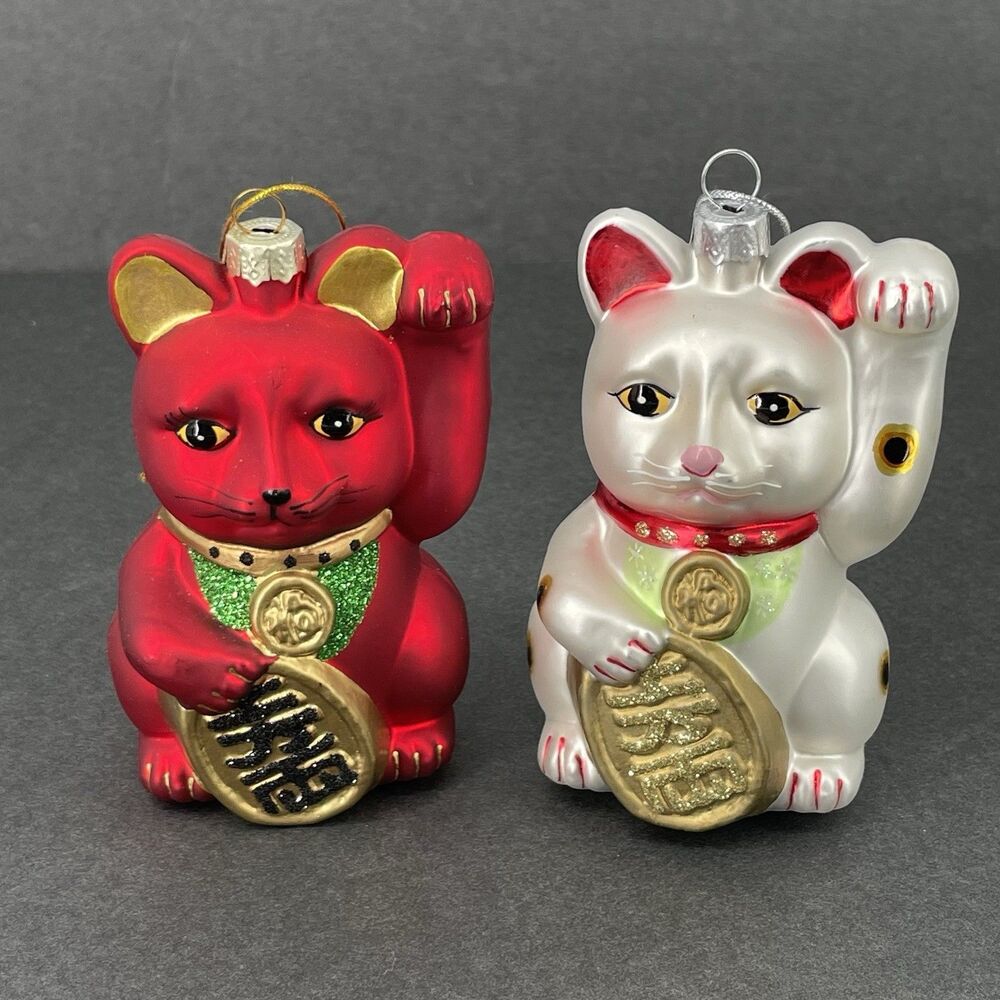 2 Glass Maneki Neko Lucky Cat Christmas Ornaments Red Silver Blown Glass Set 4"